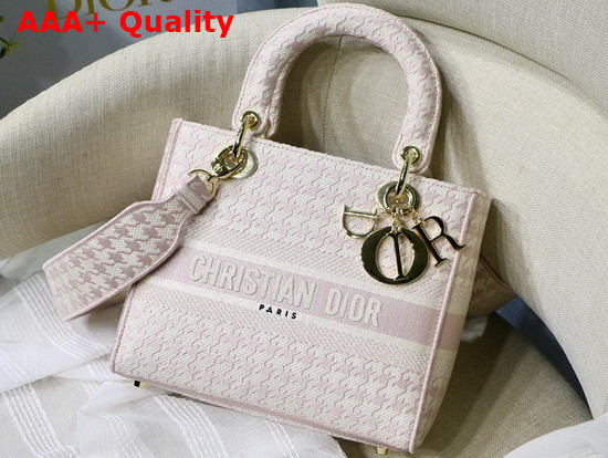 Dior Medium Lady D Lite Bag Pink and White Houndstooth Embroidery Replica