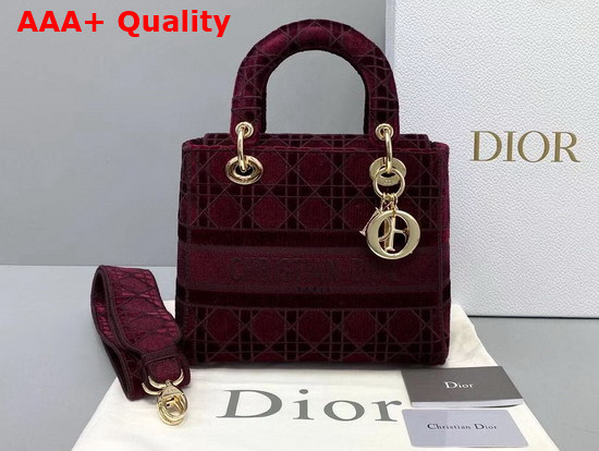 Dior Medium Lady D Lite Bag Red Cannage Embroidered Velvet Replica