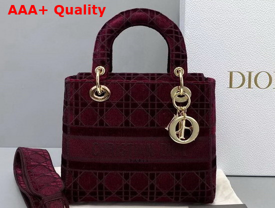 Dior Medium Lady D Lite Bag Red Cannage Embroidered Velvet Replica