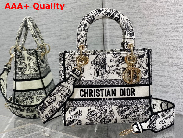 Dior Medium Lady D Lite Bag White and Black Plan de Paris Embroidery Replica