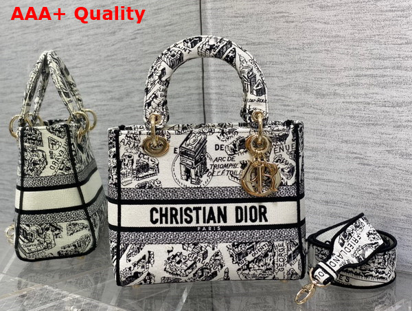 Dior Medium Lady D Lite Bag White and Black Plan de Paris Embroidery Replica