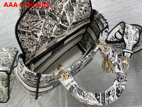 Dior Medium Lady D Lite Bag White and Black Plan de Paris Embroidery Replica