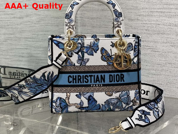 Dior Medium Lady D Lite Bag White and Pastel Midnight Blue Toile De Jouy Mexico Embroidery Replica