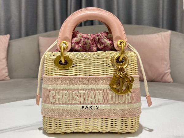 Dior Medium Lady Dior Bag Natural Wicker and Fluorescent Pink Dior Oblique Jacquard Replica