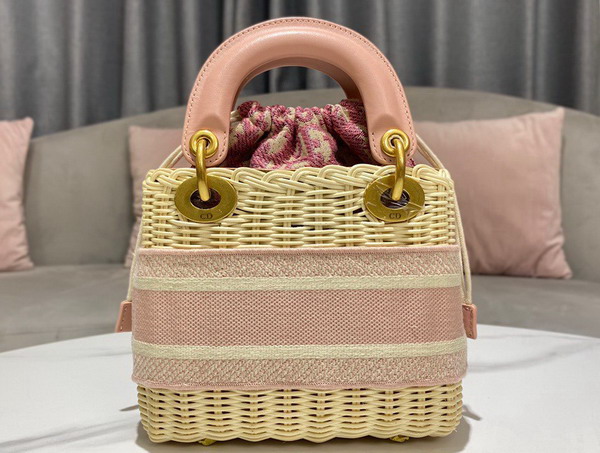 Dior Medium Lady Dior Bag Natural Wicker and Fluorescent Pink Dior Oblique Jacquard Replica