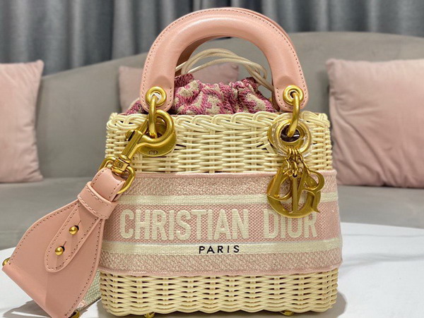 Dior Medium Lady Dior Bag Natural Wicker and Fluorescent Pink Dior Oblique Jacquard Replica