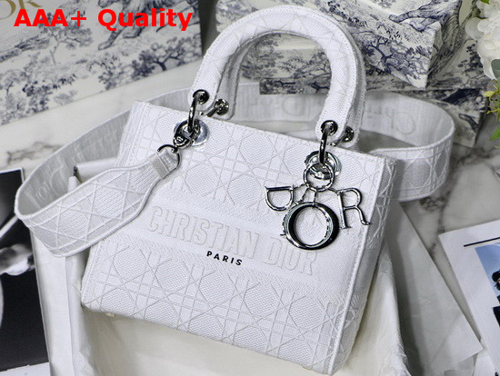 Dior Medium White Lady D Lite Embroidered Cannage Bag Replica