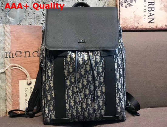 Dior Men Backpack Beige and Black Dior Oblique Jacquard and Black Grained Calfskin Replica