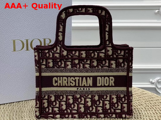 Dior Mini Book Tote Bag in Burgundy Dior Oblique Embroidered Canvas Replica