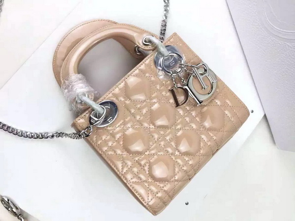 Dior Mini Lady Dior Bag Apricot Patent Leather Silver Hardware for Sale