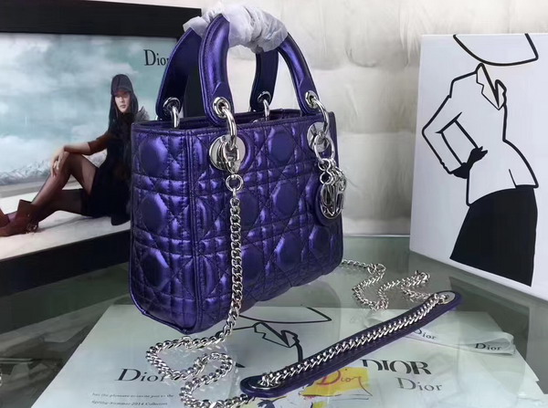 Dior Mini Lady Dior Bag Blue Metallic Grained Calfskin For Sale