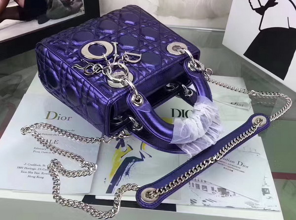 Dior Mini Lady Dior Bag Blue Metallic Grained Calfskin For Sale