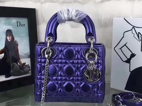 Dior Mini Lady Dior Bag Blue Metallic Grained Calfskin For Sale