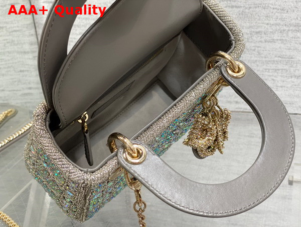 Dior Mini Lady Dior Bag Gray Smooth Calfskin and Satin with Bead Embroidery Replica