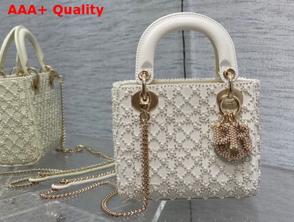 Dior Mini Lady Dior Bag Latte Calfskin Embroidered with Resin Pearl Cannage Motif Replica