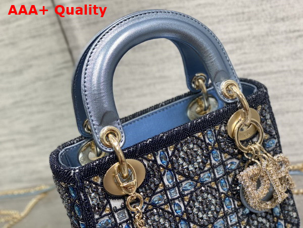 Dior Mini Lady Dior Bag Metallic Calfskin and Satin with Celestial Blue Bead Embroidery Replica