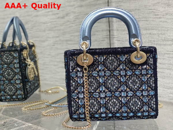 Dior Mini Lady Dior Bag Metallic Calfskin and Satin with Celestial Blue Bead Embroidery Replica