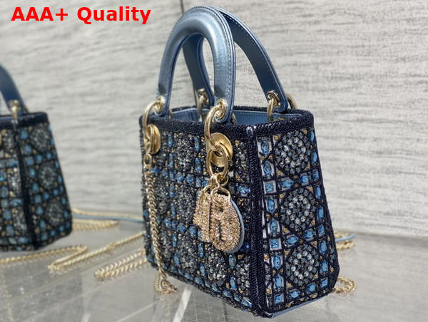 Dior Mini Lady Dior Bag Metallic Calfskin and Satin with Celestial Blue Bead Embroidery Replica