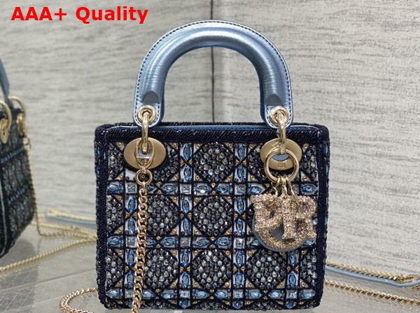 Dior Mini Lady Dior Bag Metallic Calfskin and Satin with Celestial Blue Bead Embroidery Replica