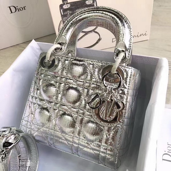 Dior Mini Lady Dior Bag Silver Metallic Grained Calfskin For Sale