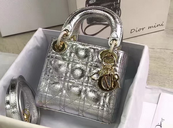 Dior Mini Lady Dior Bag Silver Metallic Grained Calfskin For Sale