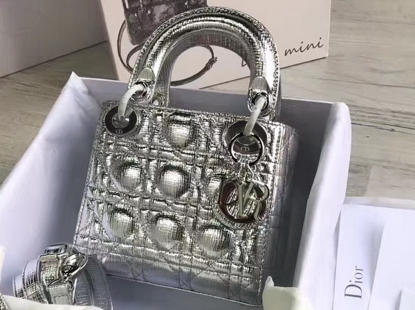 Dior Mini Lady Dior Bag Silver Metallic Grained Calfskin For Sale