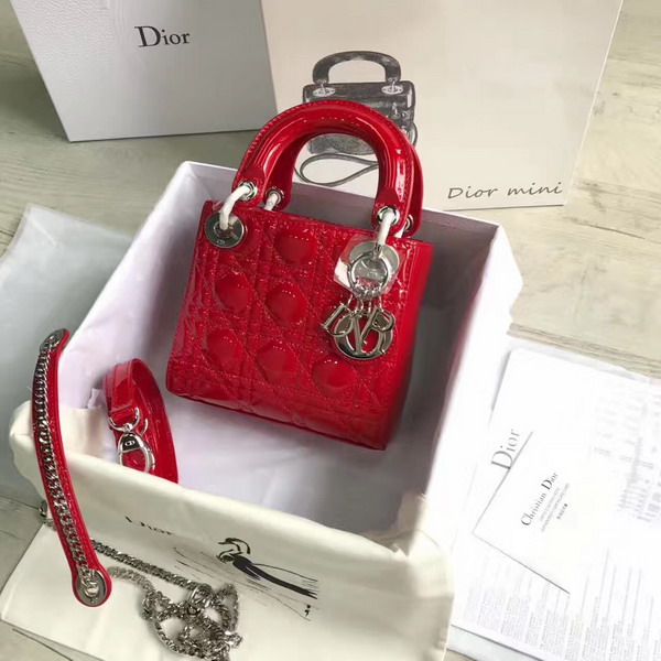 Dior Mini Lady Dior Bag in Red Patent Leather with Silver Hardware For Sale