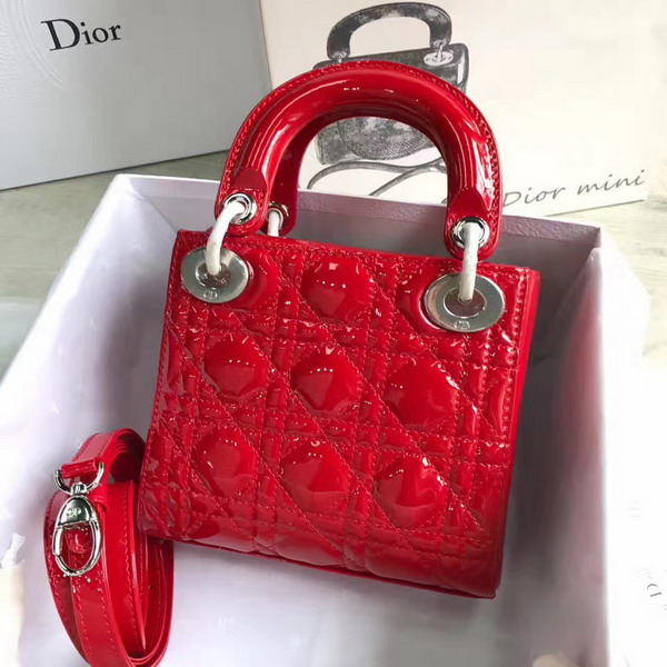 Dior Mini Lady Dior Bag in Red Patent Leather with Silver Hardware For Sale