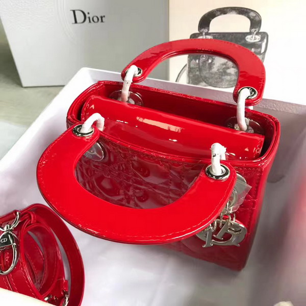 Dior Mini Lady Dior Bag in Red Patent Leather with Silver Hardware For Sale