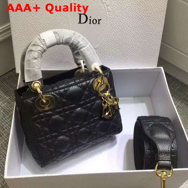 Dior Mini Lady Dior Bag with Leather Shoulder Strap Black Grained Calfskin Replica