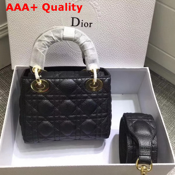 Dior Mini Lady Dior Bag with Leather Shoulder Strap Black Grained Calfskin Replica