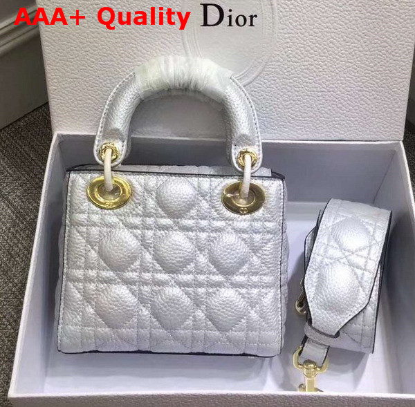 Dior Mini Lady Dior Bag with Leather Shoulder Strap Metallic Silver Grained Calfskin Replica