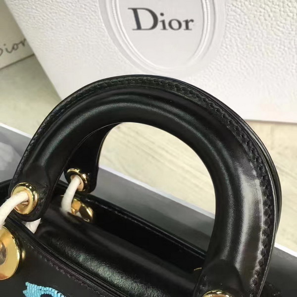 Dior Mini Lady Dior in Black Calfskin with Embroidering Gold Hardware For Sale