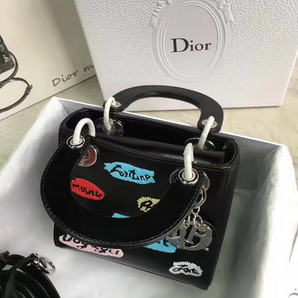 Dior Mini Lady Dior in Black Calfskin with Embroidering Silver Harddware For Sale