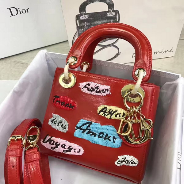 Dior Mini Lady Dior in Red Calfskin with Embroidering Gold Hardware For Sale