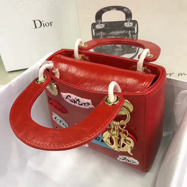 Dior Mini Lady Dior in Red Calfskin with Embroidering Gold Hardware For Sale