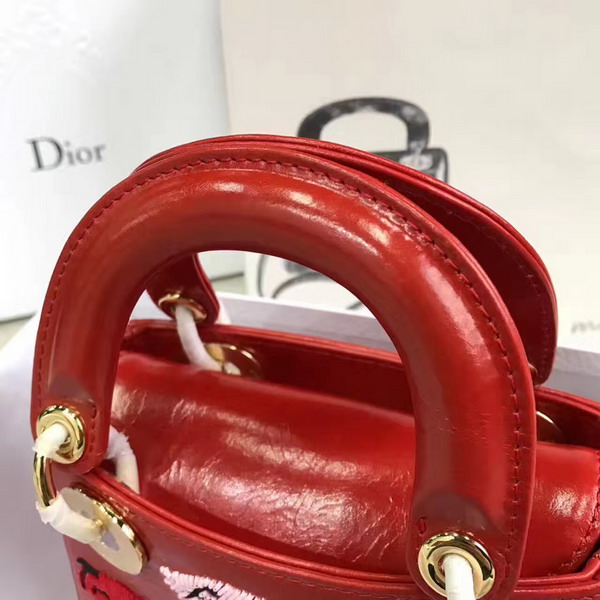 Dior Mini Lady Dior in Red Calfskin with Embroidering Gold Hardware For Sale