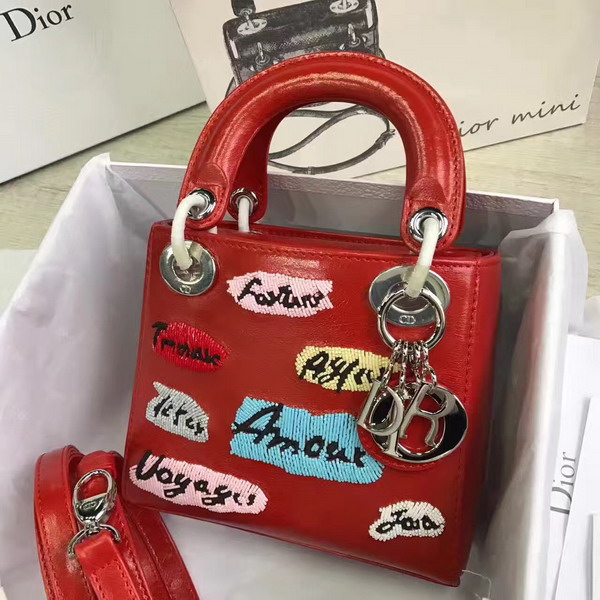 Dior Mini Lady Dior in Red Calfskin with Embroidering Silver Hardware For Sale