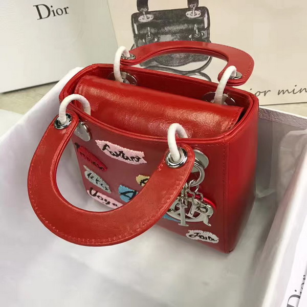 Dior Mini Lady Dior in Red Calfskin with Embroidering Silver Hardware For Sale