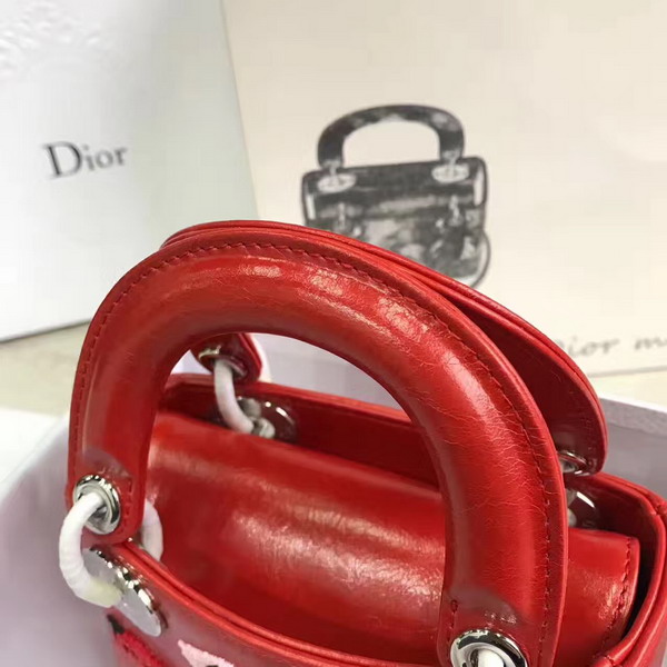 Dior Mini Lady Dior in Red Calfskin with Embroidering Silver Hardware For Sale