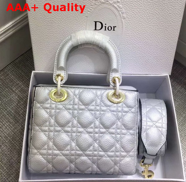 Dior My Lady Dior Bag with Leather Shoulder Strap Metallic Silver Grained Calfskin Replica