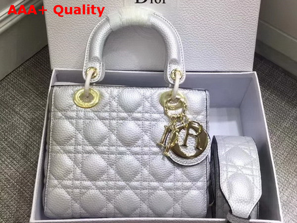 Dior My Lady Dior Bag with Leather Shoulder Strap Metallic Silver Grained Calfskin Replica