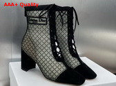 Dior Naughtily D Heeled Ankle Boot Transparent Mesh Embroidered with Silver Tone Strass and Black Suede Goatskin Replica