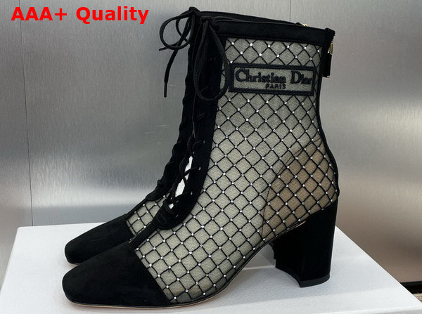 Dior Naughtily D Heeled Ankle Boot Transparent Mesh Embroidered with Silver Tone Strass and Black Suede Goatskin Replica