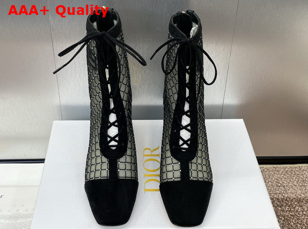 Dior Naughtily D Heeled Ankle Boot Transparent Mesh Embroidered with Silver Tone Strass and Black Suede Goatskin Replica