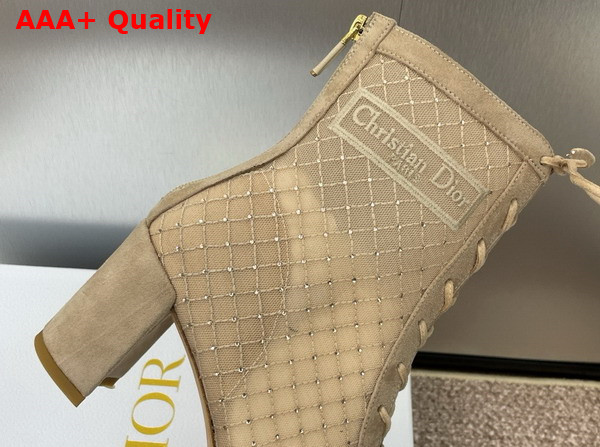 Dior Naughtily D Heeled Ankle Boot Transparent Mesh Embroidered with Silver Tone Strass and Sand Colored Suede Goatskin Replica