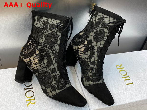 Dior Naughtily D Heeled Ankle Boot Transparent Mesh and Black Suede Calfskin Embroidered with Dior Roses Motif Replica