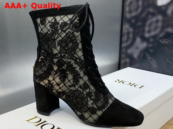 Dior Naughtily D Heeled Ankle Boot Transparent Mesh and Black Suede Calfskin Embroidered with Dior Roses Motif Replica