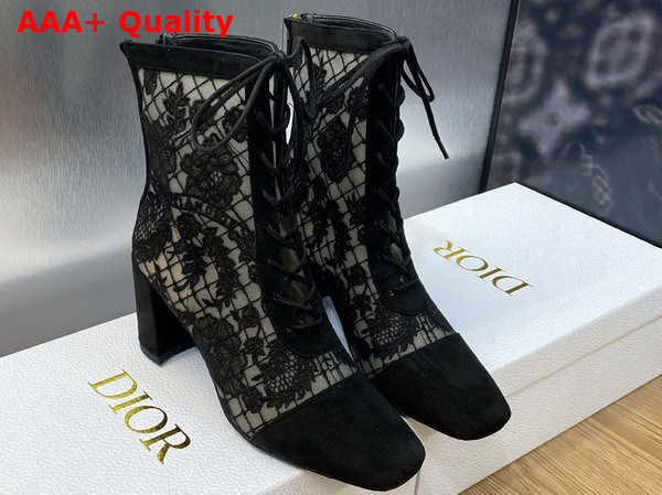 Dior Naughtily D Heeled Ankle Boot Transparent Mesh and Black Suede Calfskin Embroidered with Dior Roses Motif Replica