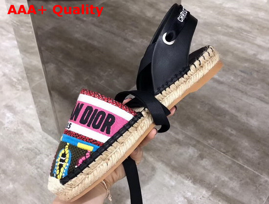 Dior Nicely D Lace Up Espadrille with Christian Dior Fuschia Embroidered Canvas and Black Calfskin Leather Replica